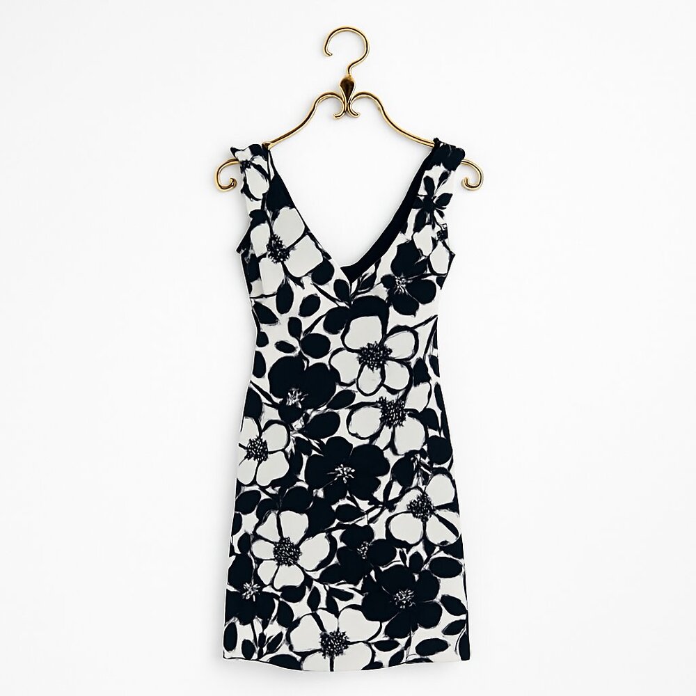 Vintage La Belle Black & White Floral Dress, Size Medium, Excellent Condition